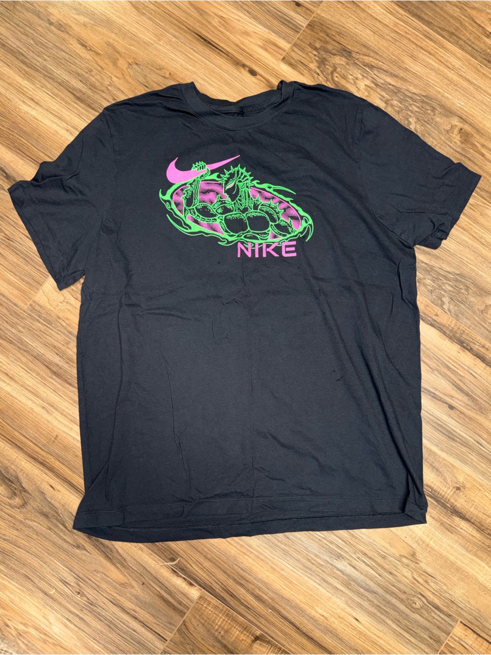 Nike Black Short Sleeve Tee with Neon Pink & Green Dragon Logo